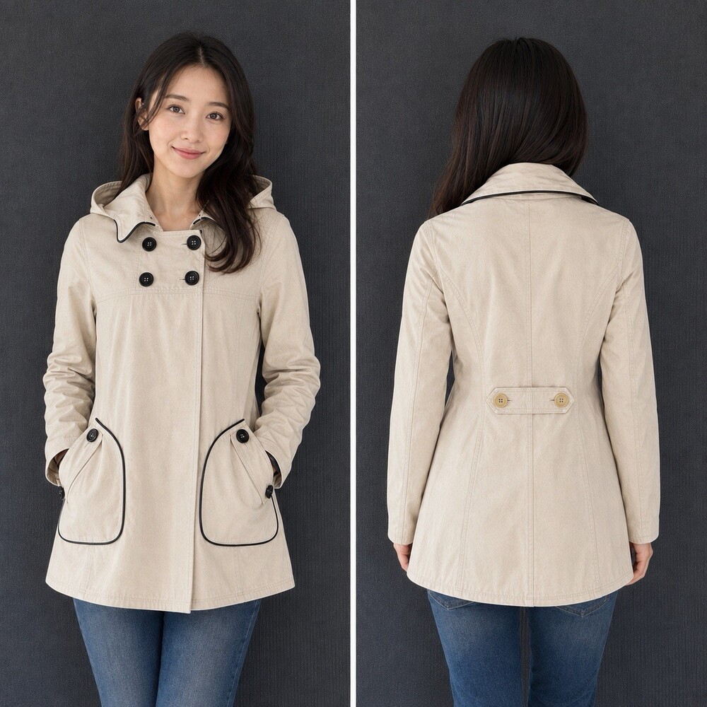 Soia & Kyo Women’s XS Cream Hooded Trench Pea Coat Jacket Black Piping Designer